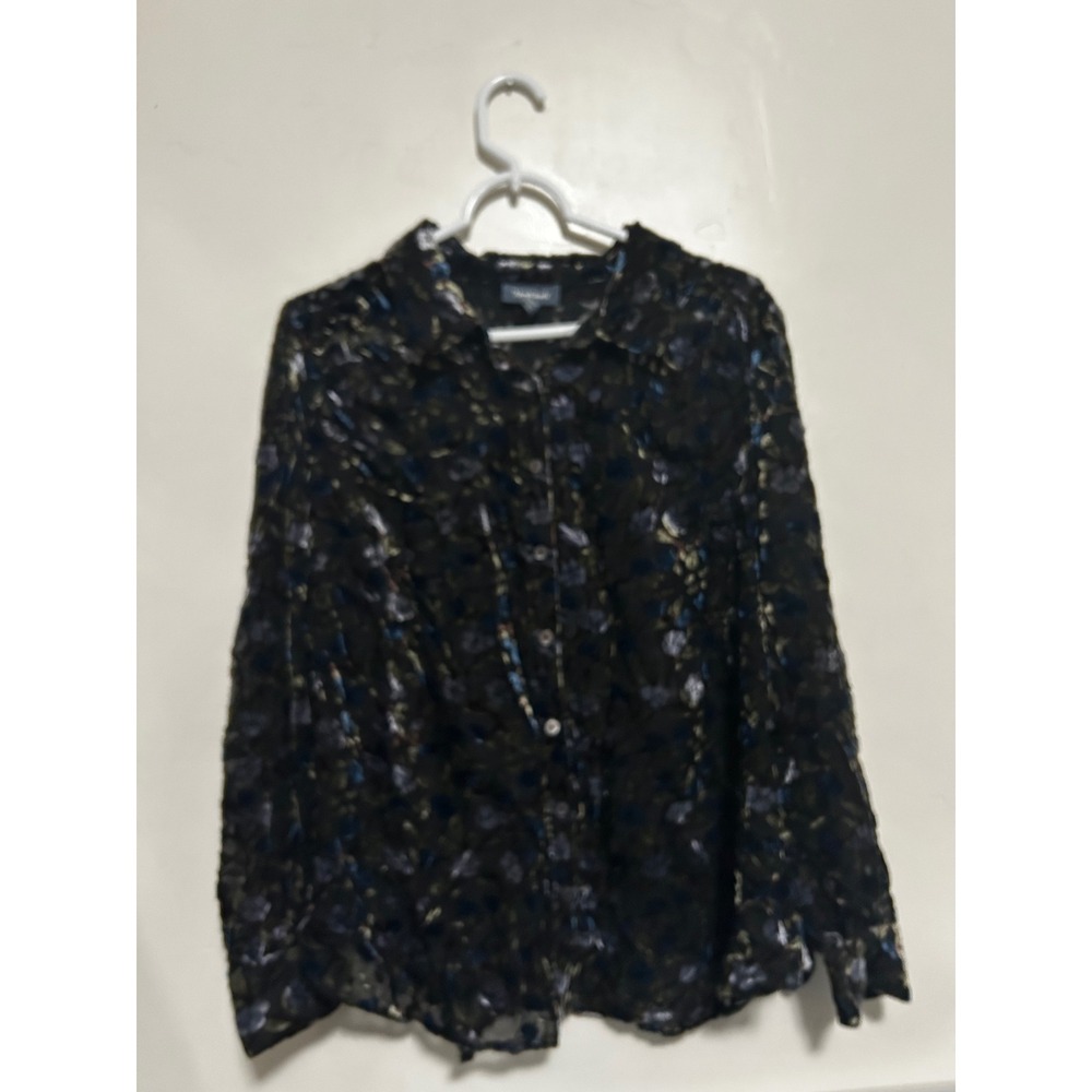 ModCloth Womens 2X Black Floral Velvet Burnout Button Down Blouse MYW0445